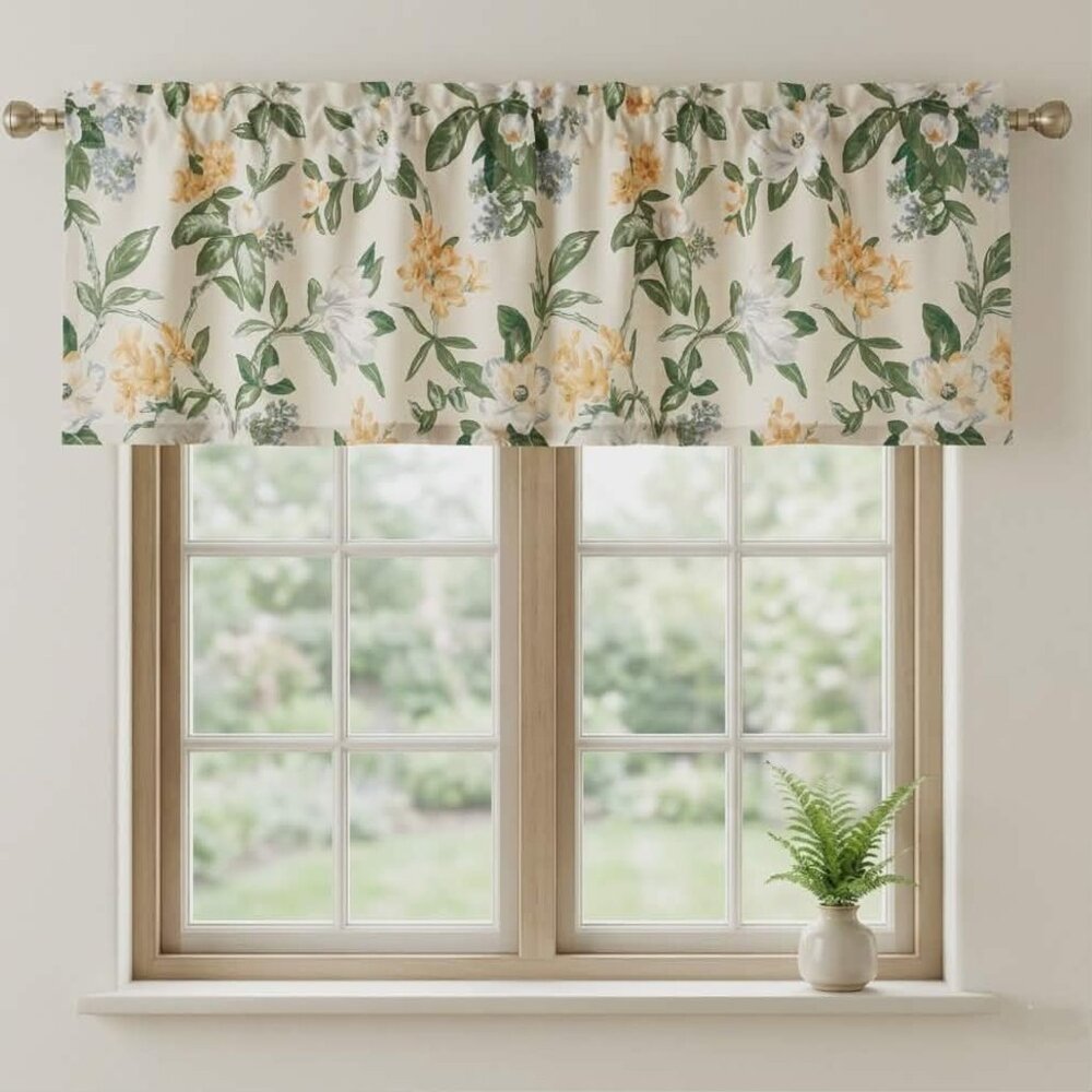 WESTPOINT STEVENS Valance Pair Beige White Magnolia Flowers Blouson Valances Vtg